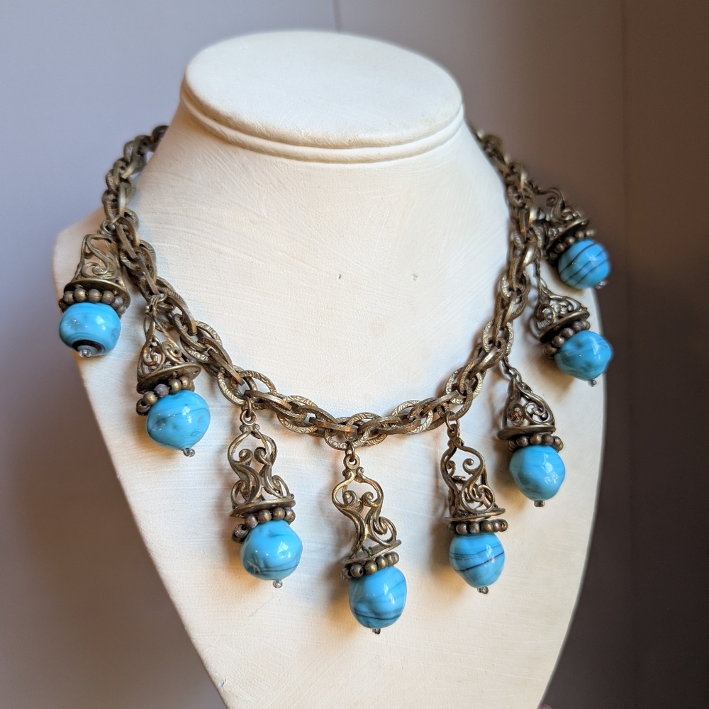 Miriam Haskell 1930's glass turquoise necklace